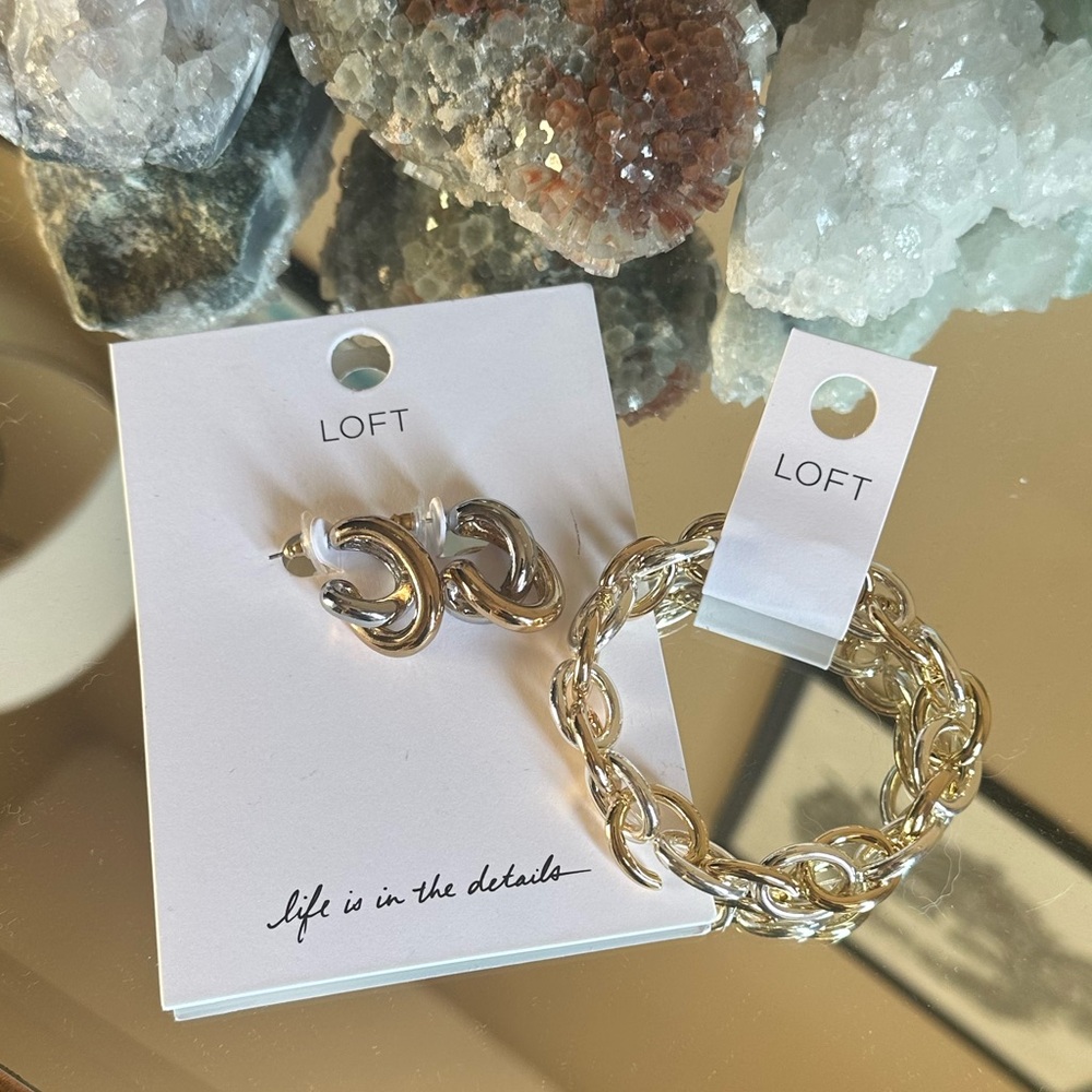 LOFT Mixed Metal Hoop Earrings and Bracelet Set NWT